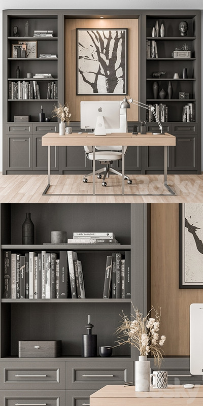 Home Office Desk and Library Gray Set - Office Furniture 279